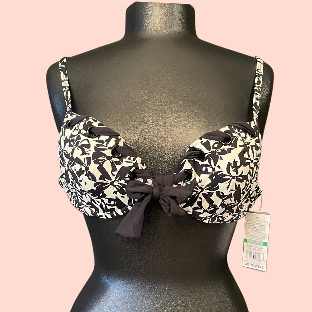 NWT Kenneth Cole Reaction Black & White Bows Underwire Padded Bikini Top L